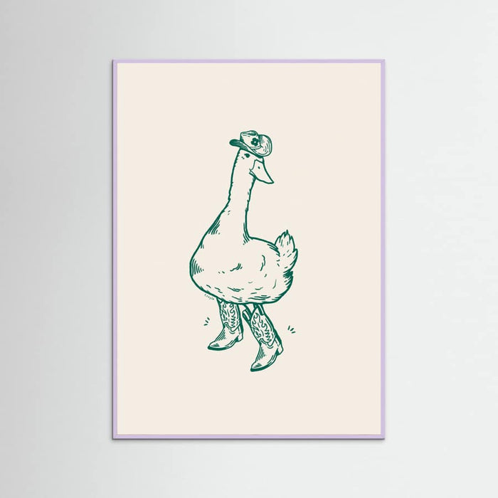 Lilac Wood Duck wearing Western Boots in green Poster