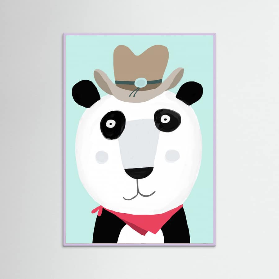 Lilac Wood Funny Panda with Cowboy Hat by Artist Carla Daly Poster