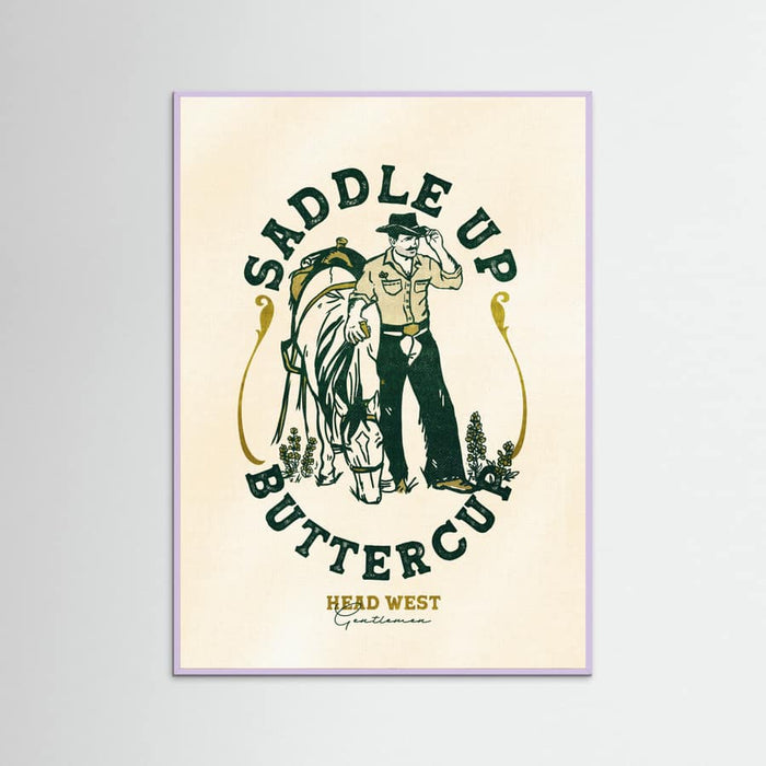 Lilac Wood Saddle Up Buttercup Cowboy & Horse Art Print Poster