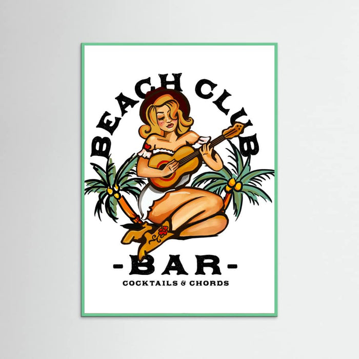 Mint Wood Beach Club Bar. Sailor Jerry Style Pin-up Girl Playing Guitar Poster
