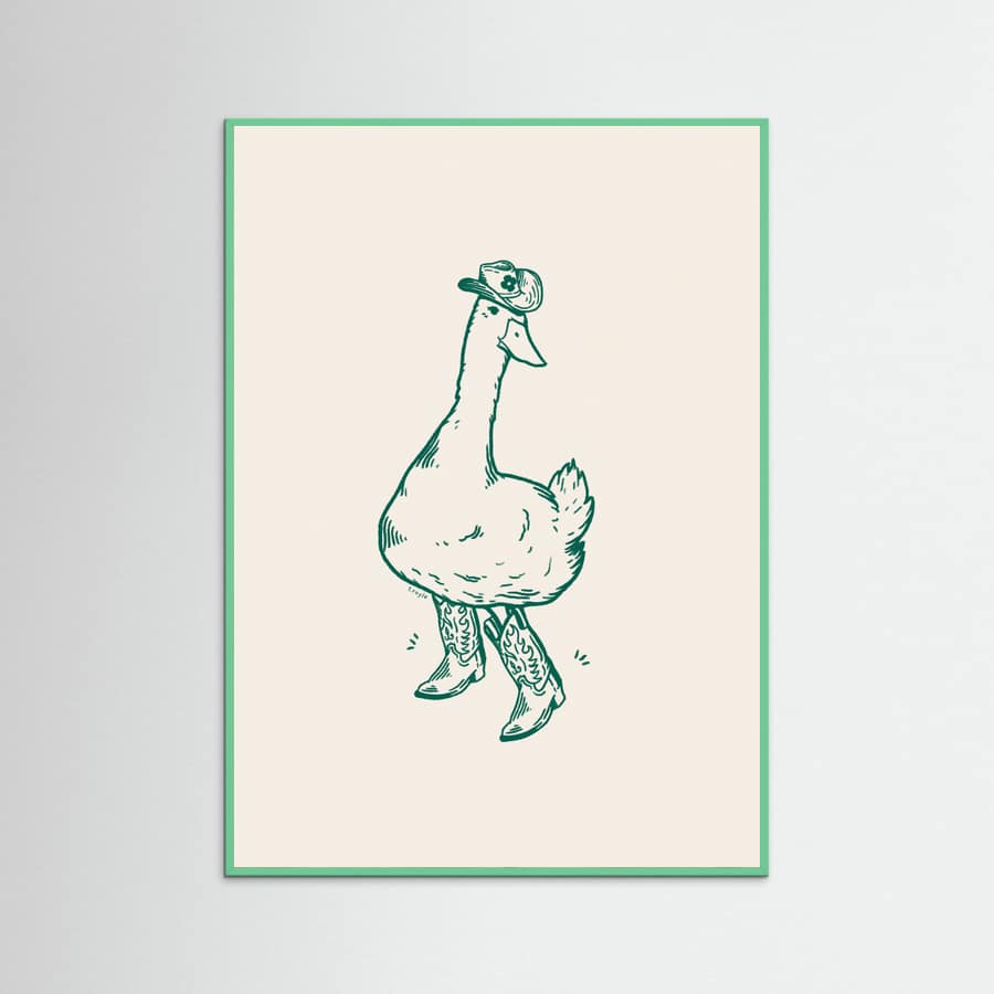 Mint Wood Duck wearing Western Boots in green Poster