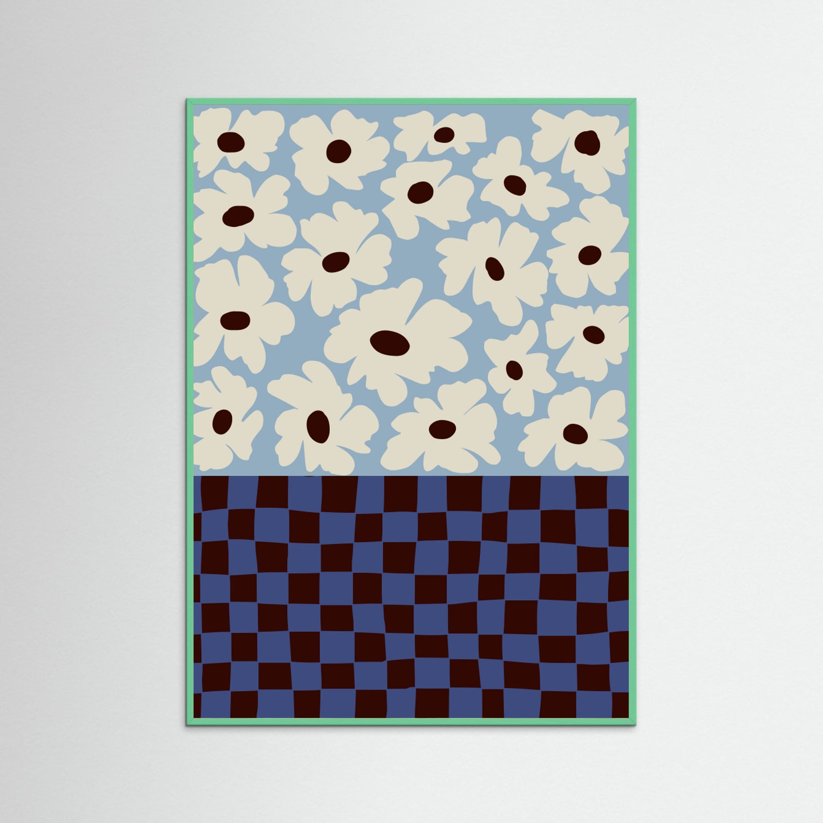 Mint Wood Flowers_checkerboard Poster