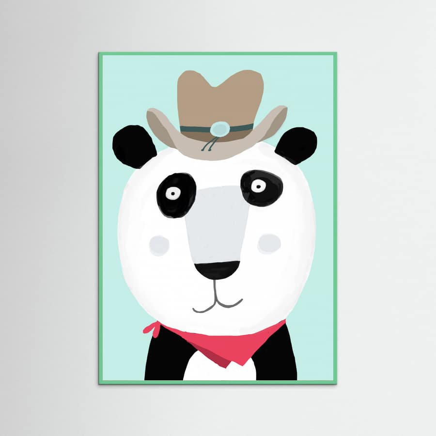 Mint Wood Funny Panda with Cowboy Hat by Artist Carla Daly Poster