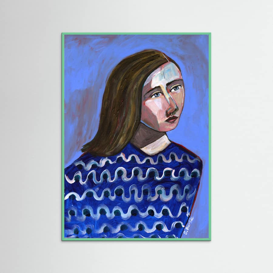 Poster Woman in Blue Sweater Naive Portrait Figurative – poster e stampa artistica