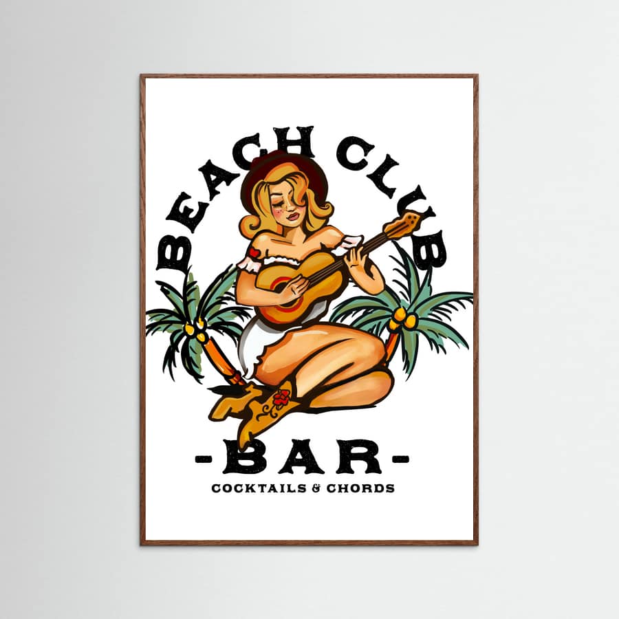 Oak Dark Beach Club Bar. Sailor Jerry Style Pin-up Girl Playing Guitar Poster
