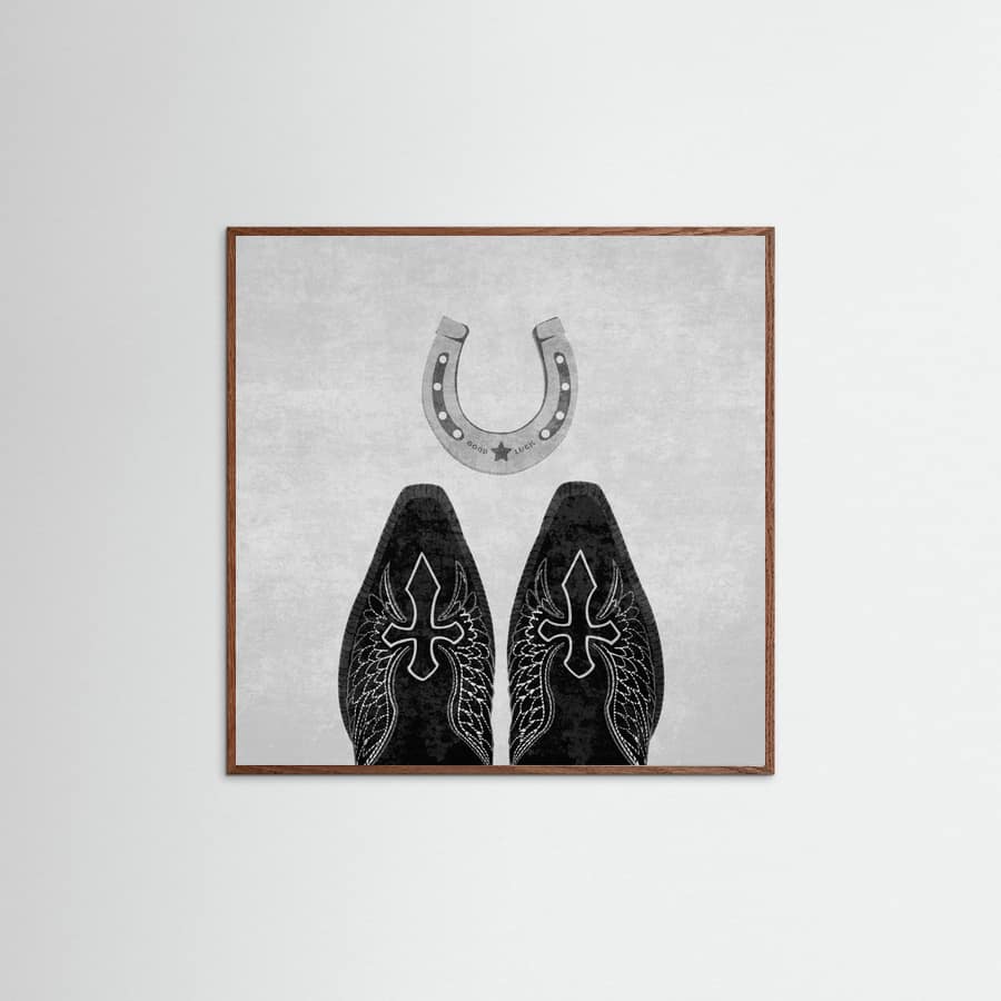 Affiche Bw Cowboy Boots and Horseshoe – affiche et impression d’art