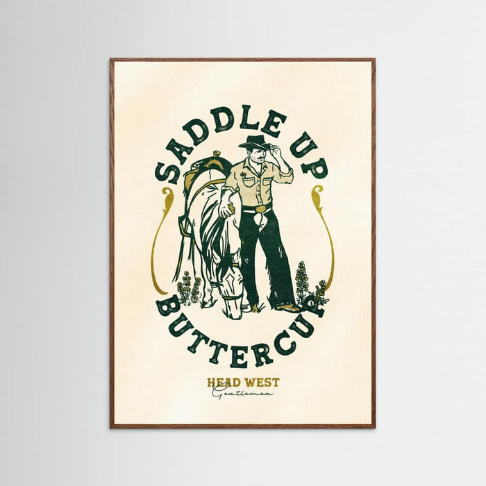 Oak Dark Saddle Up Buttercup Cowboy & Horse Art Print Poster