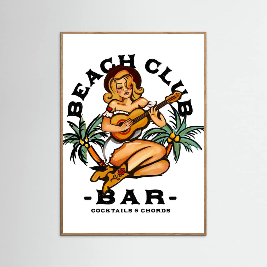 Beach Club Bar. Sailor Jerry Style Pin-up Girl Playing Guitar Poster