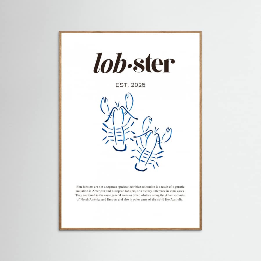 Póster Blue Lobster Poster | Minimalist Coastal Art with Seafood Illustration – póster e impresión artística