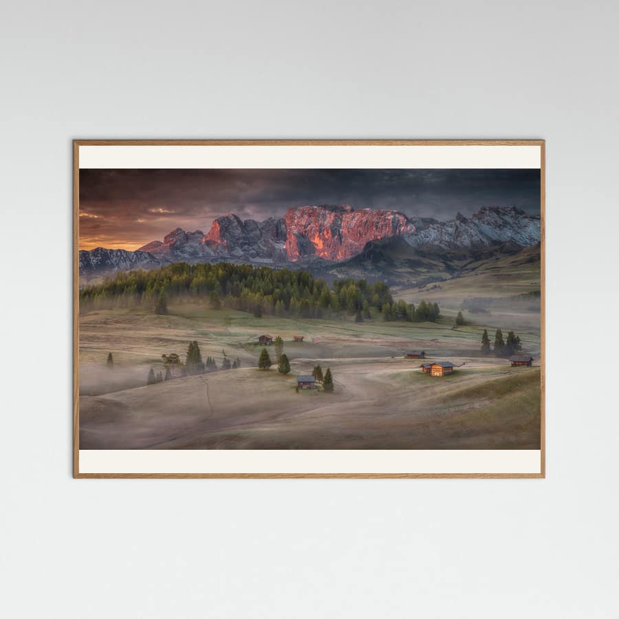 Burning mountains over the frozen valley Poster – poster and art print