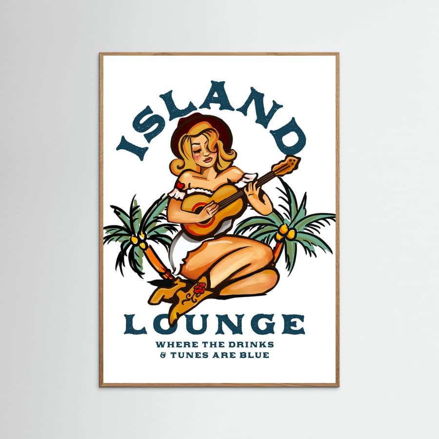 Island Lounge Tropical Pin Up Girl Playing Guitar Poster