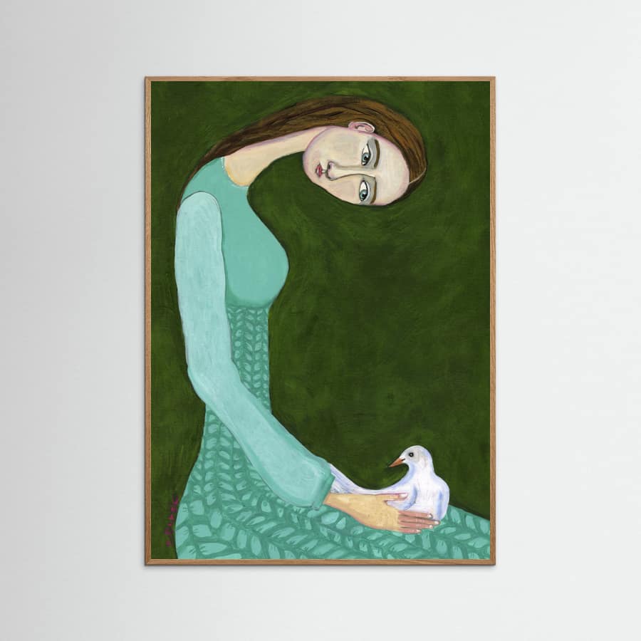 Poster Lady sitting with white dove bird woman – poster e stampa artistica