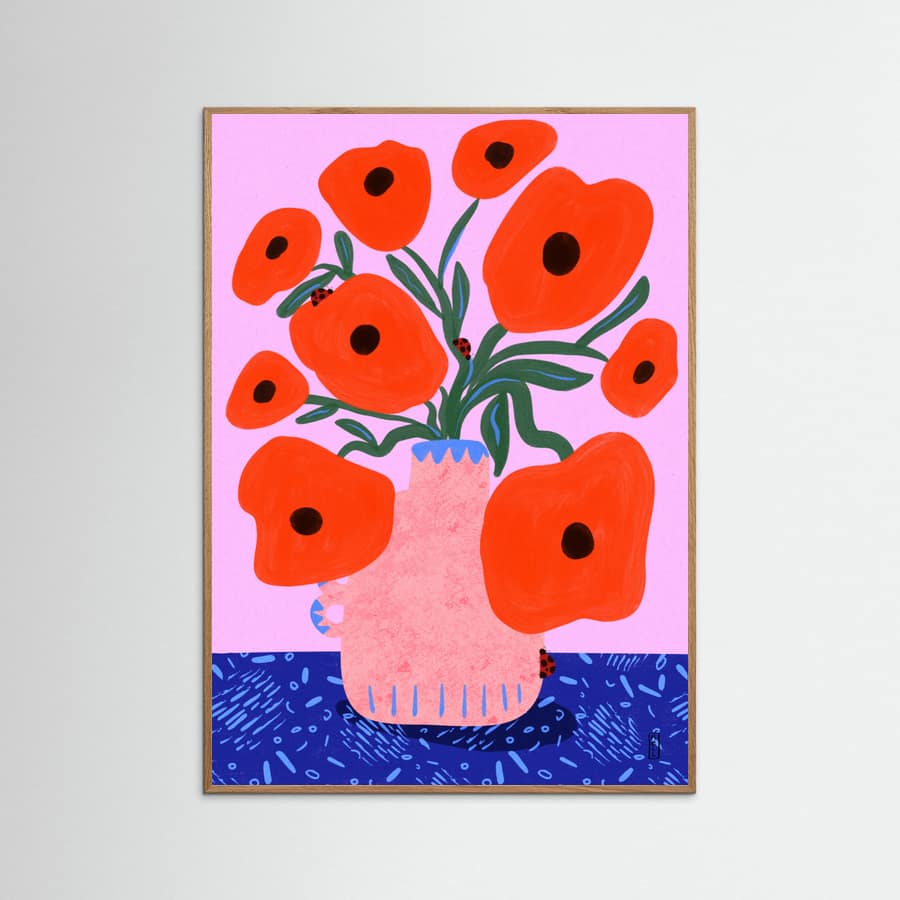 Red Poppies and Ladybirds Floral Illustration Poster