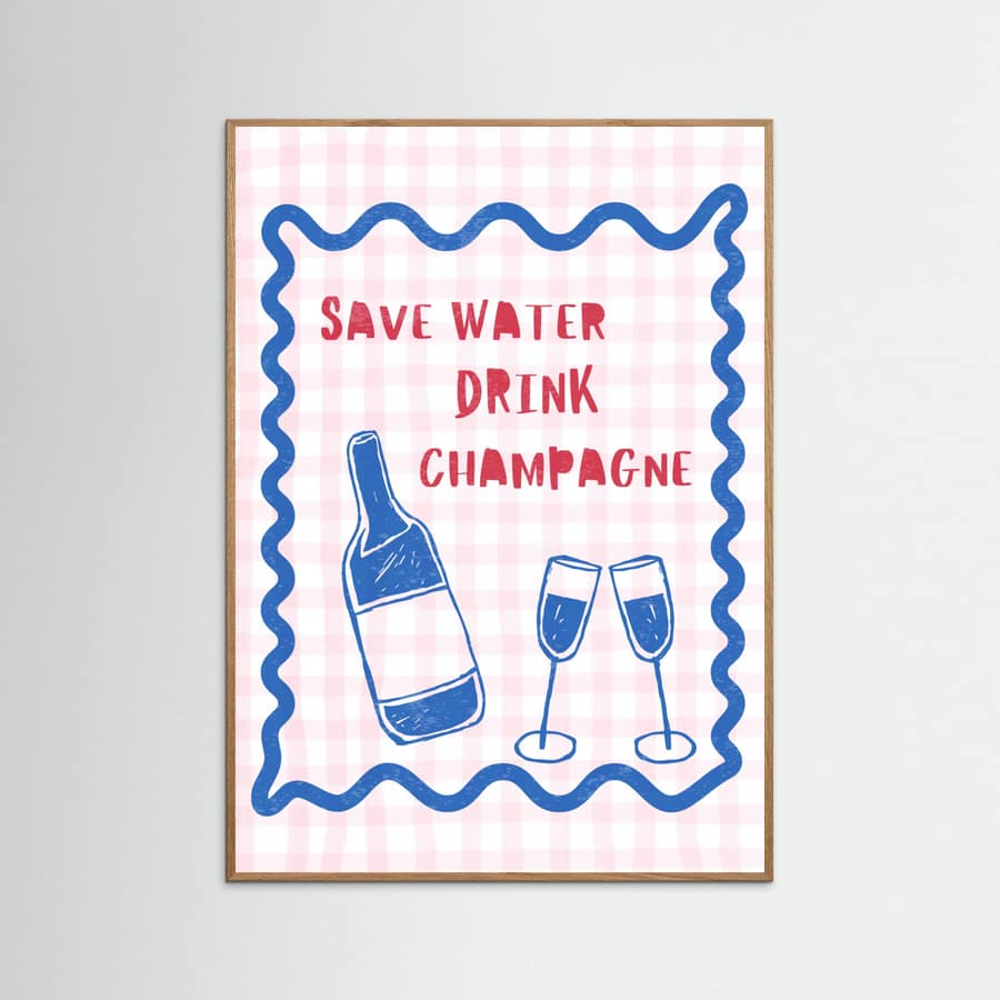 Save Water Drink Champagne Red Check Pattern Poster