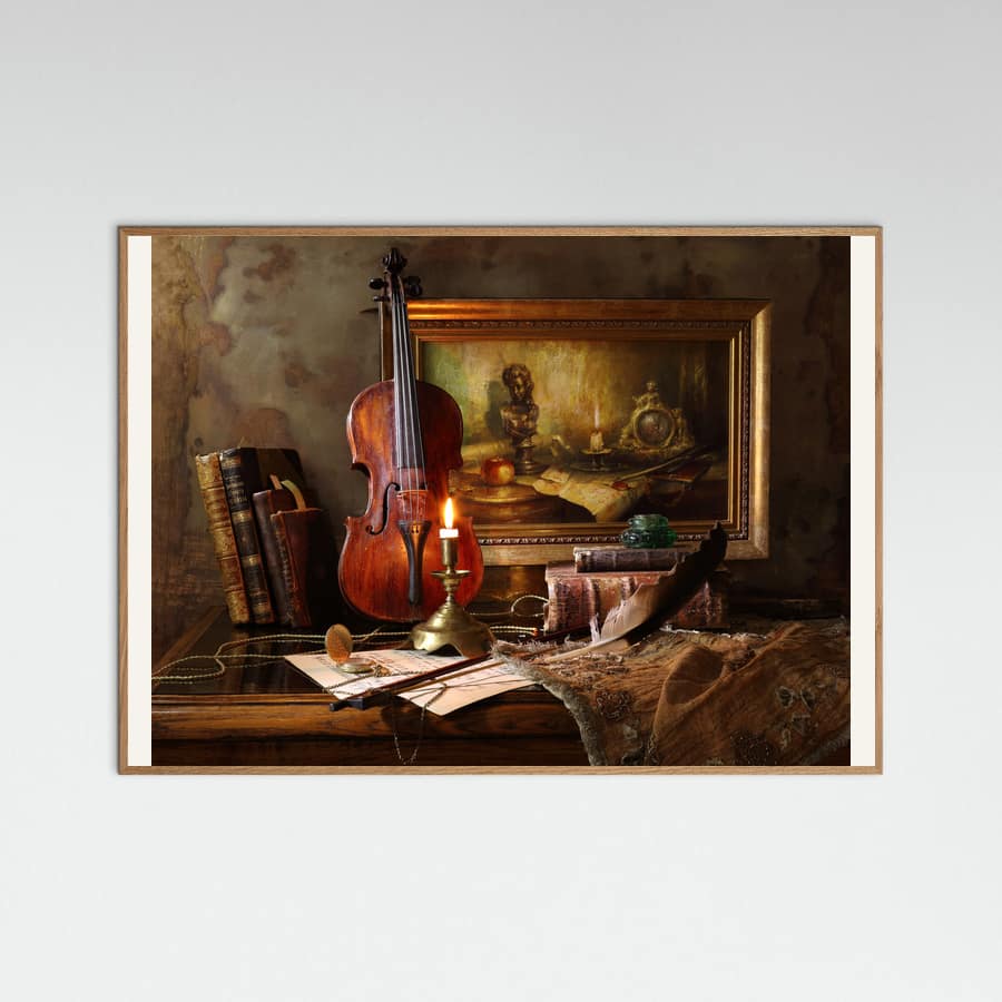 Still life with violin and painting -juliste – juliste ja taidepainatus