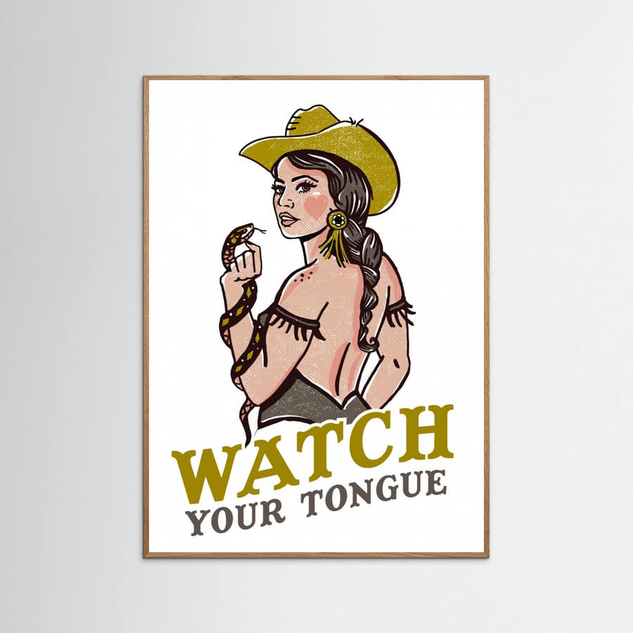 Watch Your Tongue Badass Pin-Up Cowgirl & Rattlesnake Poster