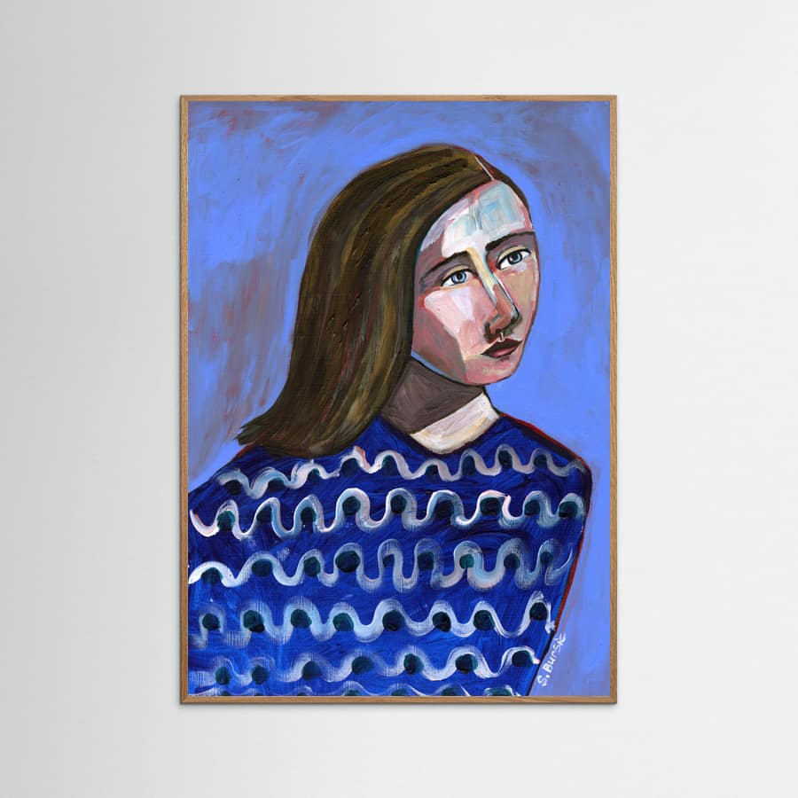 Poster Woman in Blue Sweater Naive Portrait Figurative – poster e stampa artistica