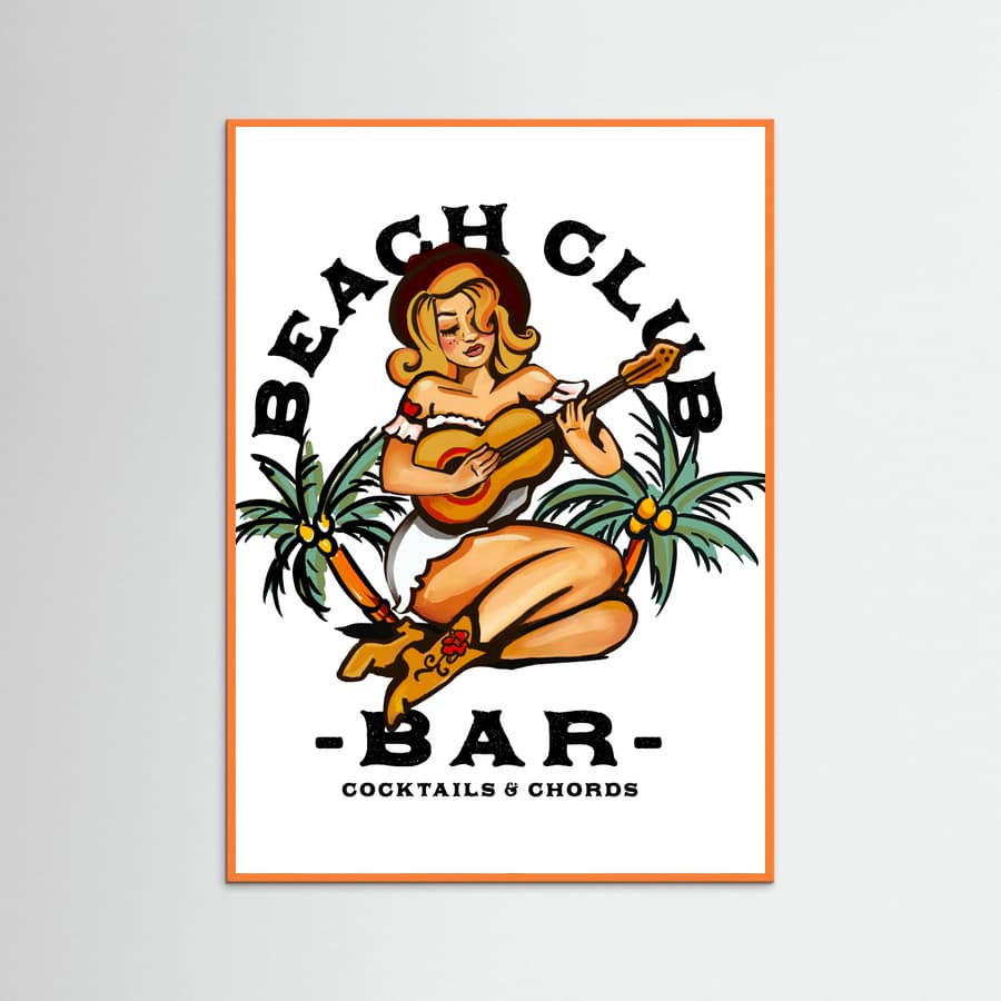 Orange Wood Beach Club Bar. Sailor Jerry Style Pin-up Girl Playing Guitar Poster