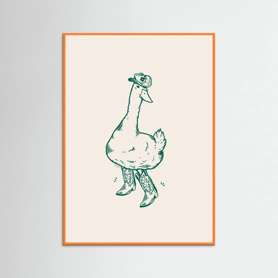 Orange Wood Duck wearing Western Boots in green Poster
