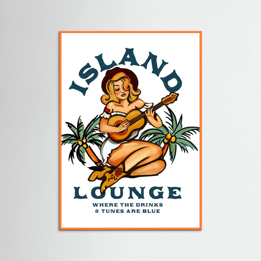 Orange Wood Island Lounge Tropical Pin Up Girl Playing Guitar Poster