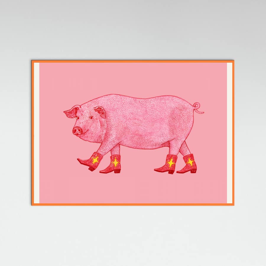 Orange Wood Marjorie the Cowgirl Pig Poster