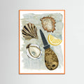 Affiche Oyster and a Shucker, foodie art, coastal whimsical mermaid, seafood – affiche et impression d’art