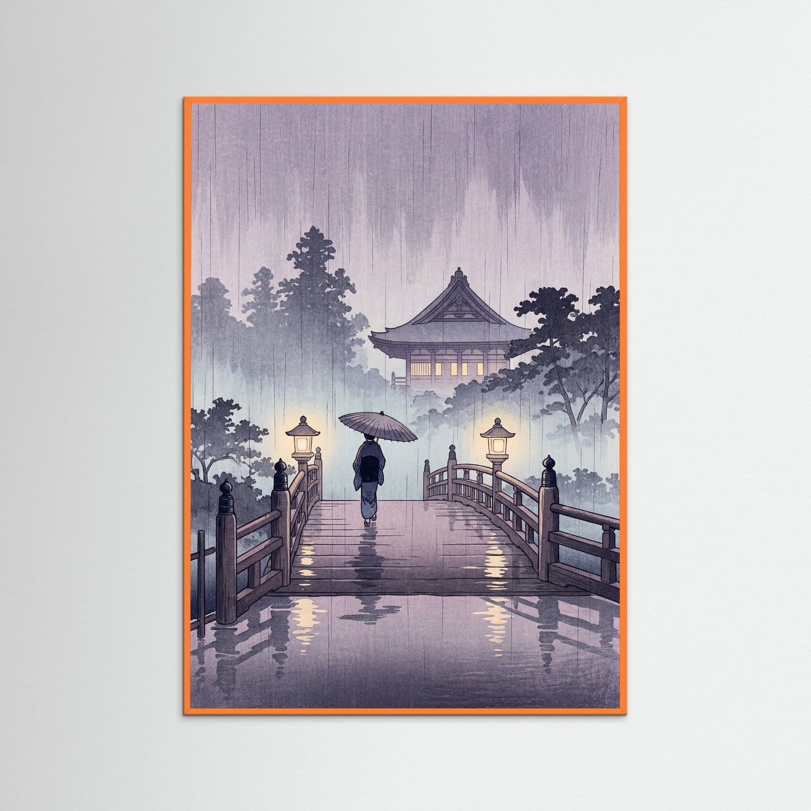 Orange Wood Rainy Night Bridge