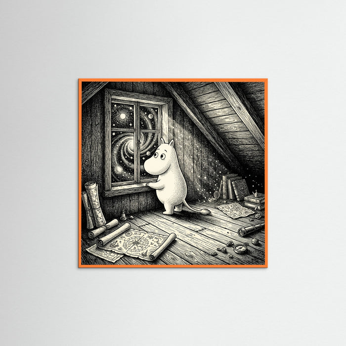 Orange Wood Square Night Window Gaze