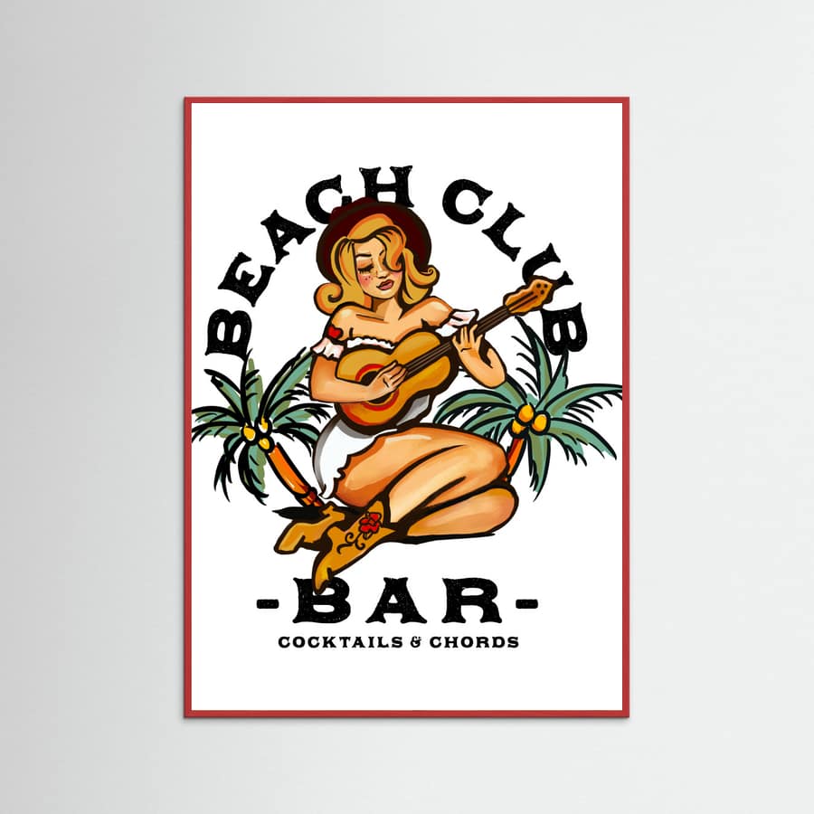 Red Wood Beach Club Bar. Sailor Jerry Style Pin-up Girl Playing Guitar Poster