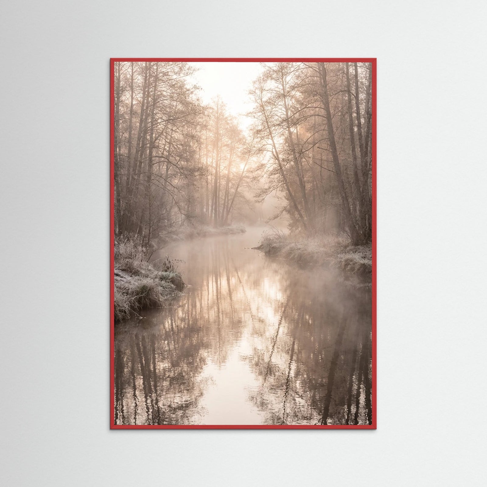 Red Wood Misty Dawn Reflection