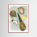 Affiche Oyster and a Shucker, foodie art, coastal whimsical mermaid, seafood – affiche et impression d’art