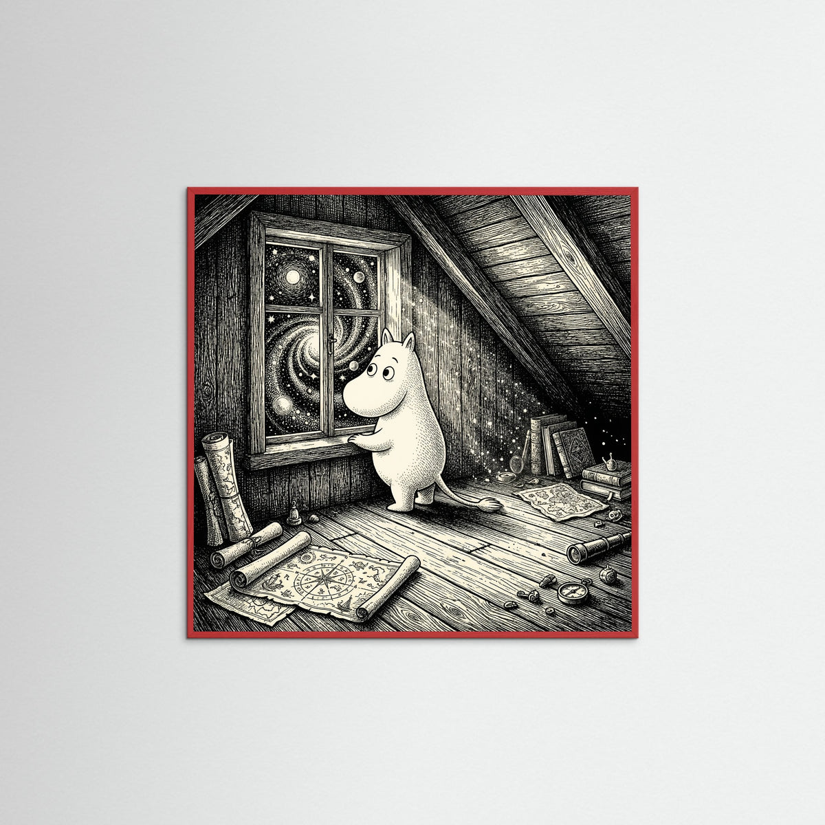 Red Wood Square Night Window Gaze