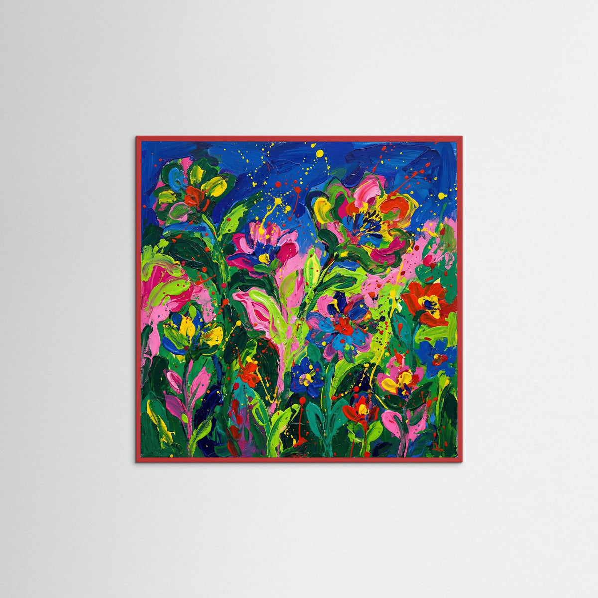 Red Wood Square Vibrant Floral Portrait