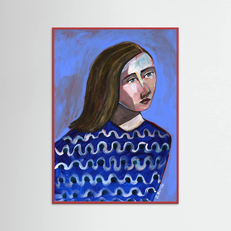 Poster Woman in Blue Sweater Naive Portrait Figurative – poster e stampa artistica