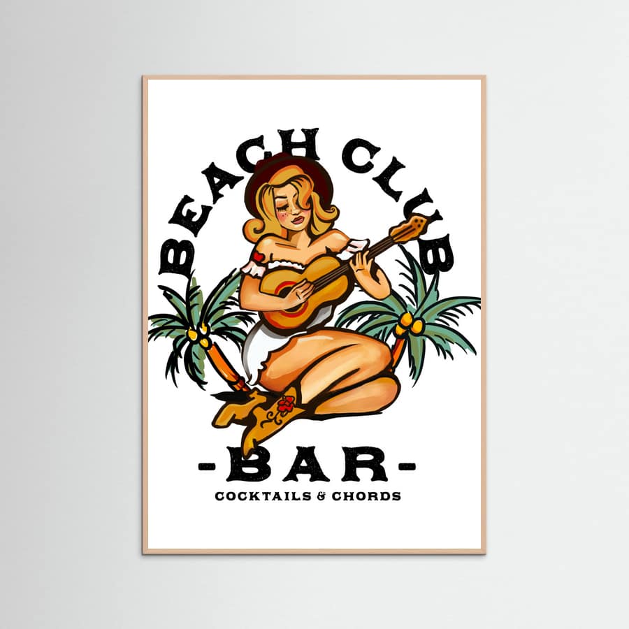 Rose Wood Beach Club Bar. Sailor Jerry Style Pin-up Girl Playing Guitar Poster