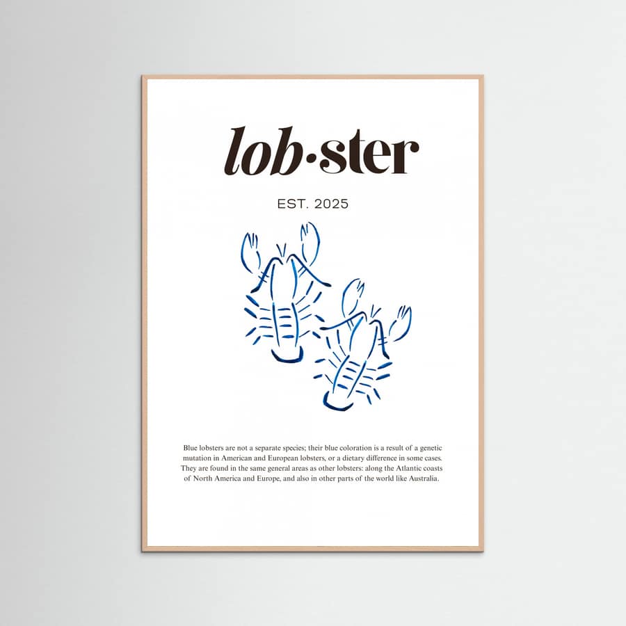 Póster Blue Lobster Poster | Minimalist Coastal Art with Seafood Illustration – póster e impresión artística