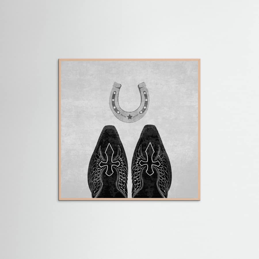 Affiche Bw Cowboy Boots and Horseshoe – affiche et impression d’art