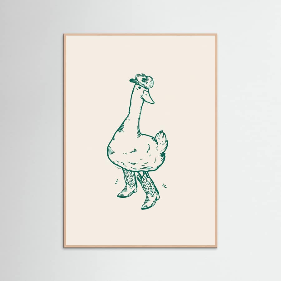 Rose Wood Duck wearing Western Boots in green Poster