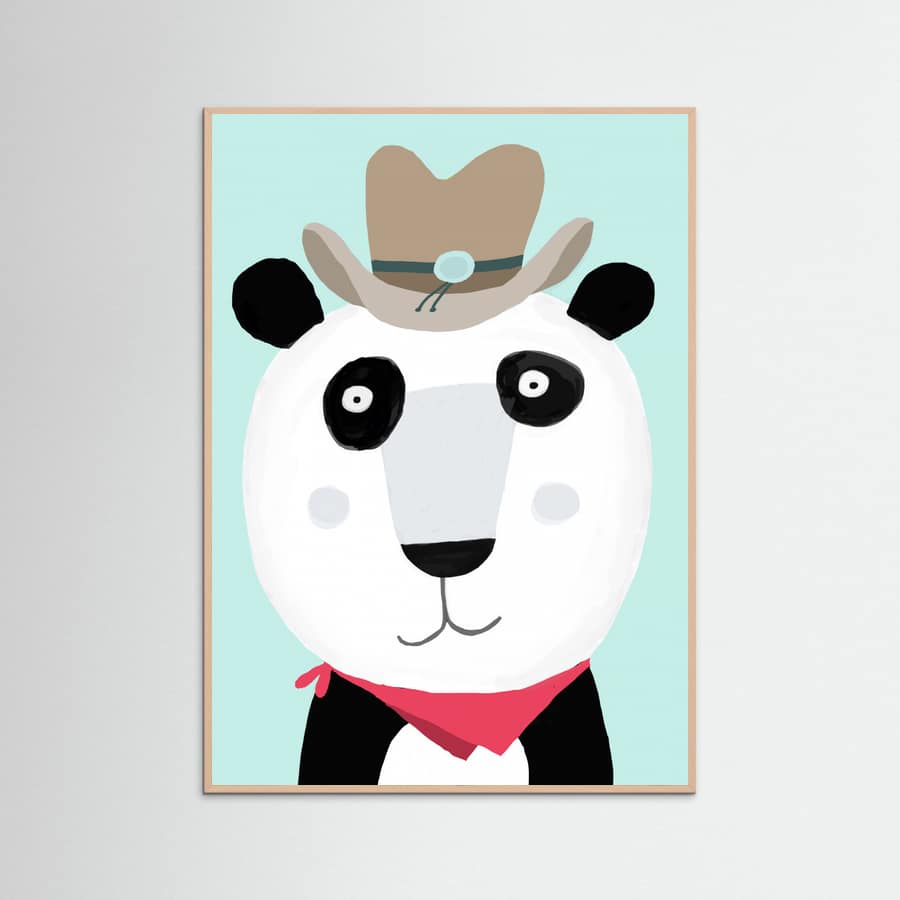 Rose Wood Funny Panda with Cowboy Hat by Artist Carla Daly Poster