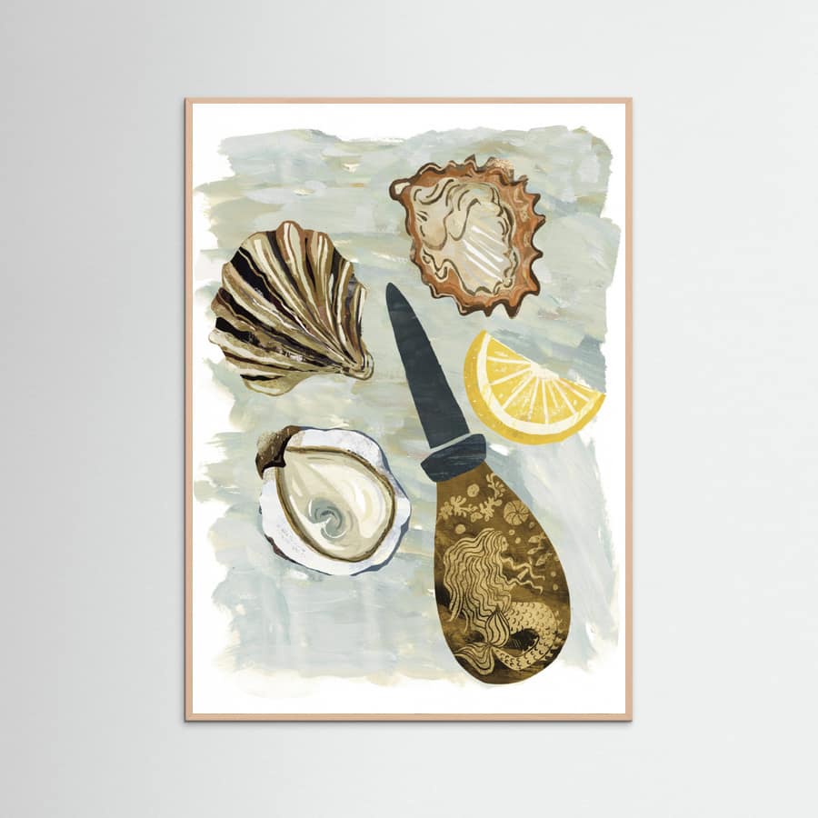 Affiche Oyster and a Shucker, foodie art, coastal whimsical mermaid, seafood – affiche et impression d’art