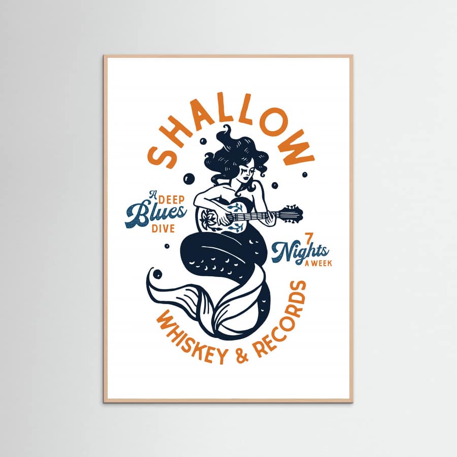 Rose Wood Shallow Whiskey & Records Dive Bar Music Mermaid Poster