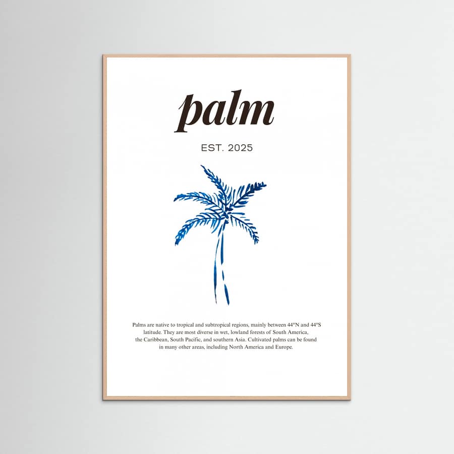 Tropical Palm Tree Poster | Aesthetic Blue Decor with Modern Coastal Style – plakat og kunsttryk