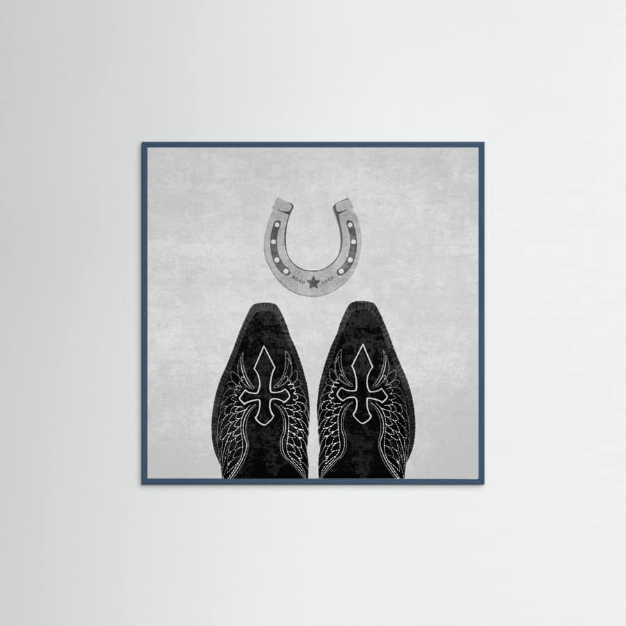 Affiche Bw Cowboy Boots and Horseshoe – affiche et impression d’art