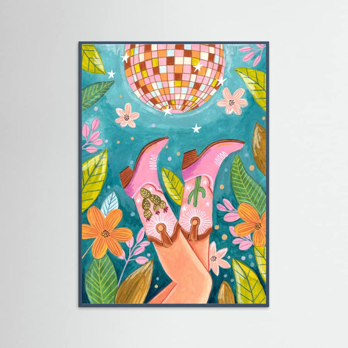 Teal Wood Cowboy boots and disco ball Poster