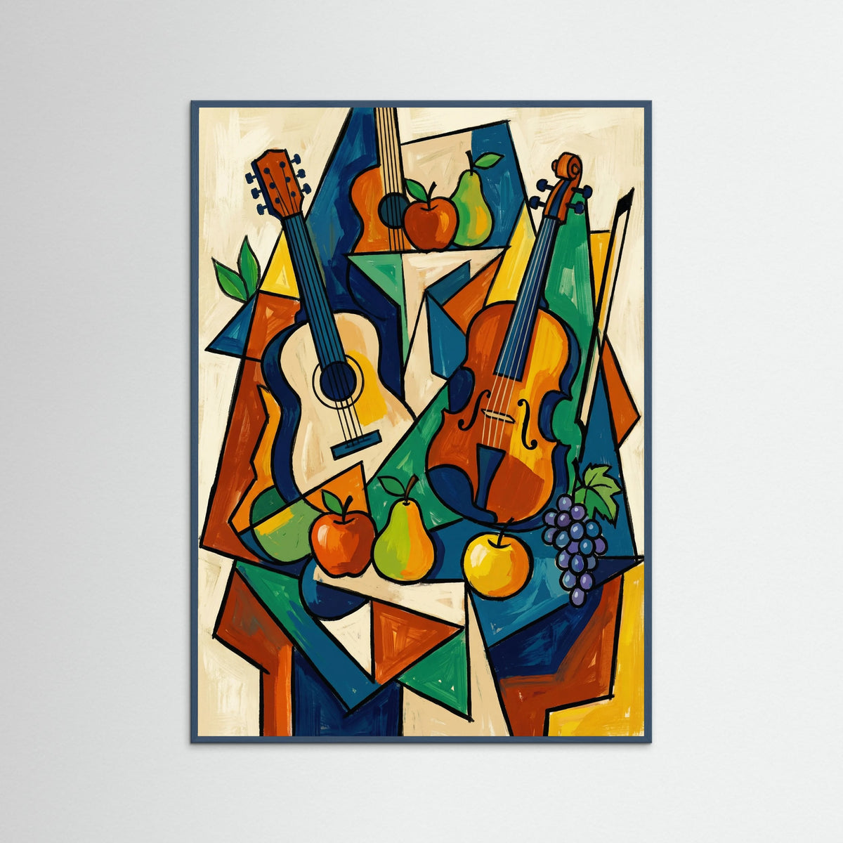 Teal Wood Cubist Woman Portrait Blue