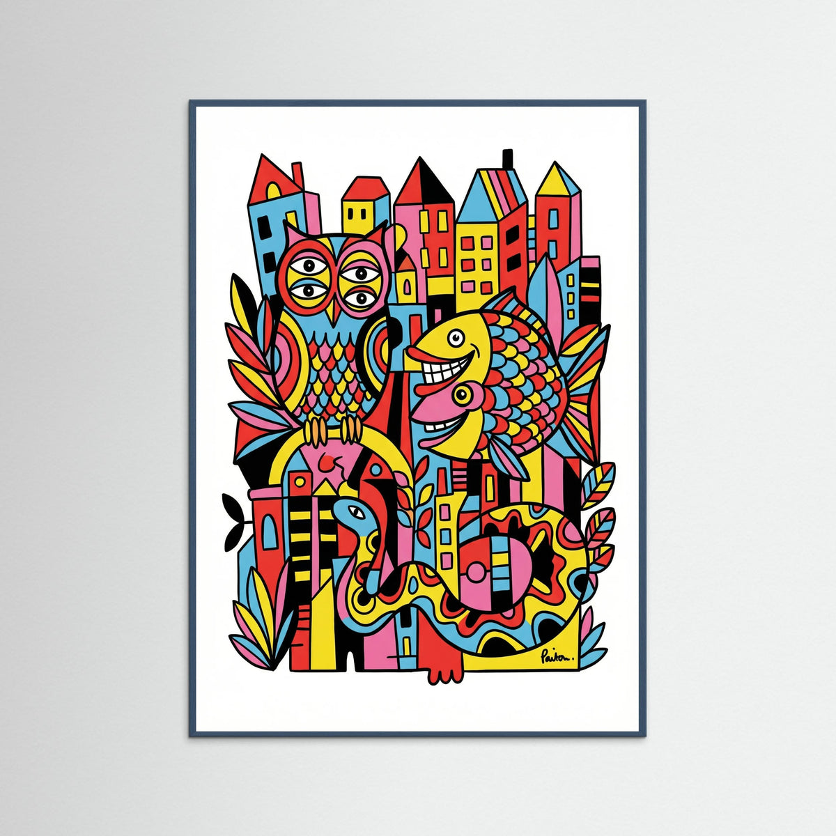 Teal Wood Vibrant Folk Faces