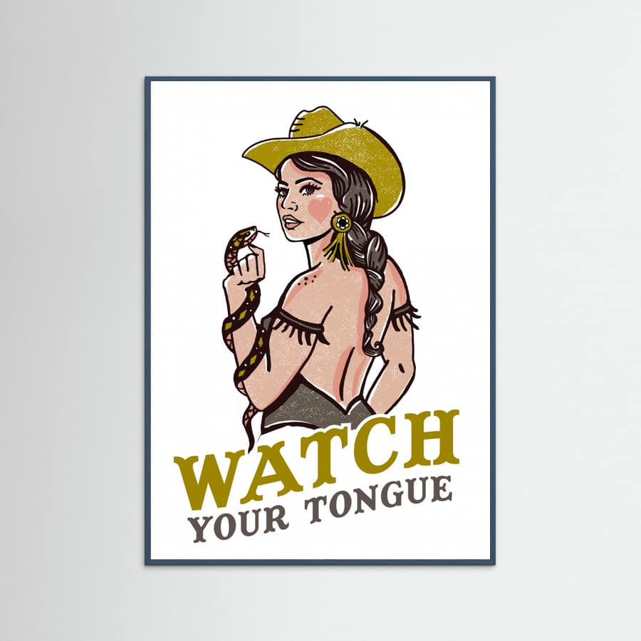 Teal Wood Watch Your Tongue Badass Pin-Up Cowgirl & Rattlesnake Poster