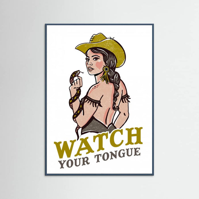 Teal Wood Watch Your Tongue Badass Pin-Up Cowgirl & Rattlesnake Poster