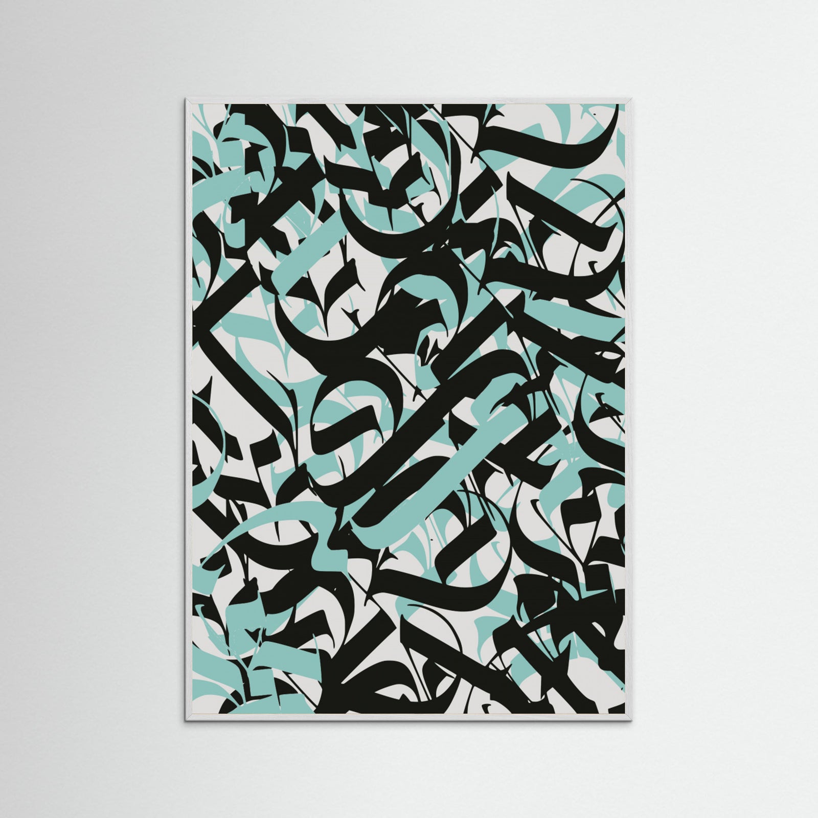 White Wood Abstract Calligraphy In Blue Poster