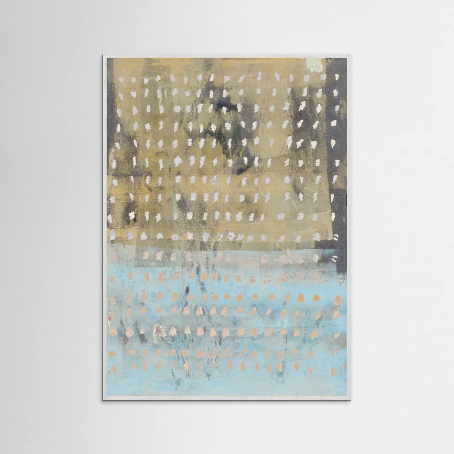 White Wood Contemporary Abstract In Yellow, Taupe, Light Blue Poster